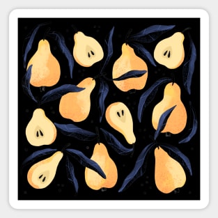 Pretty yellow pear pattern with leaves on black background Magnet